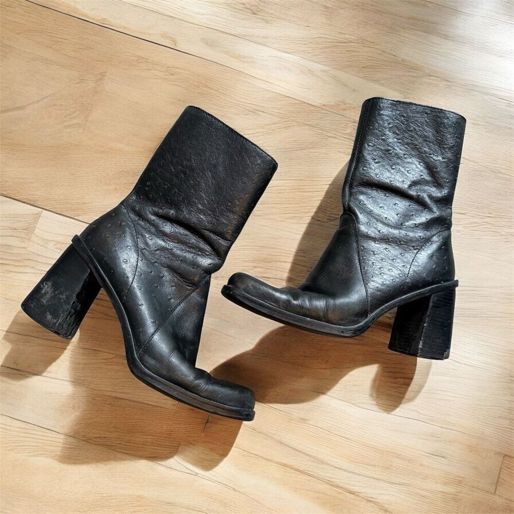 Vintage MIA Black Square Toe Leather Chunky Boots 8.5 Retro